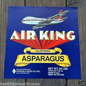 Pilot AN ORIGINAL CRATE LABEL* Aviation AIR KING Vintage Asparagus Airplane