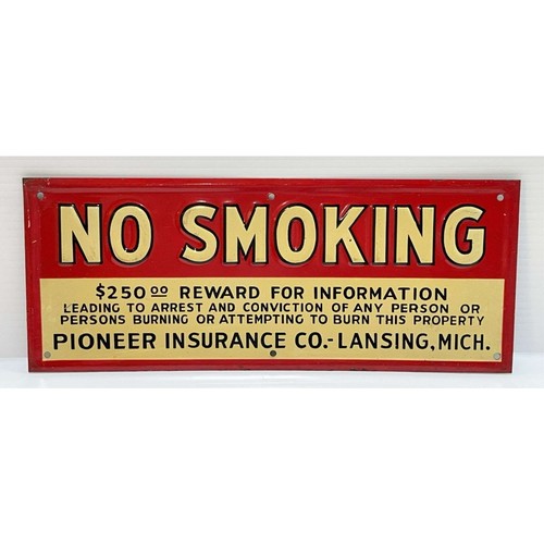 Blechschild "No Smoking-Reward", Pioneer Insurance Company, Lansing, MI, 12x5