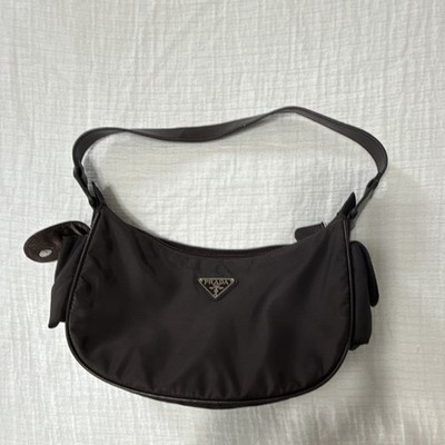 PRADA Brown Small Crescent Shoulder Bag Zip Closure Triangle Logo, Pockets