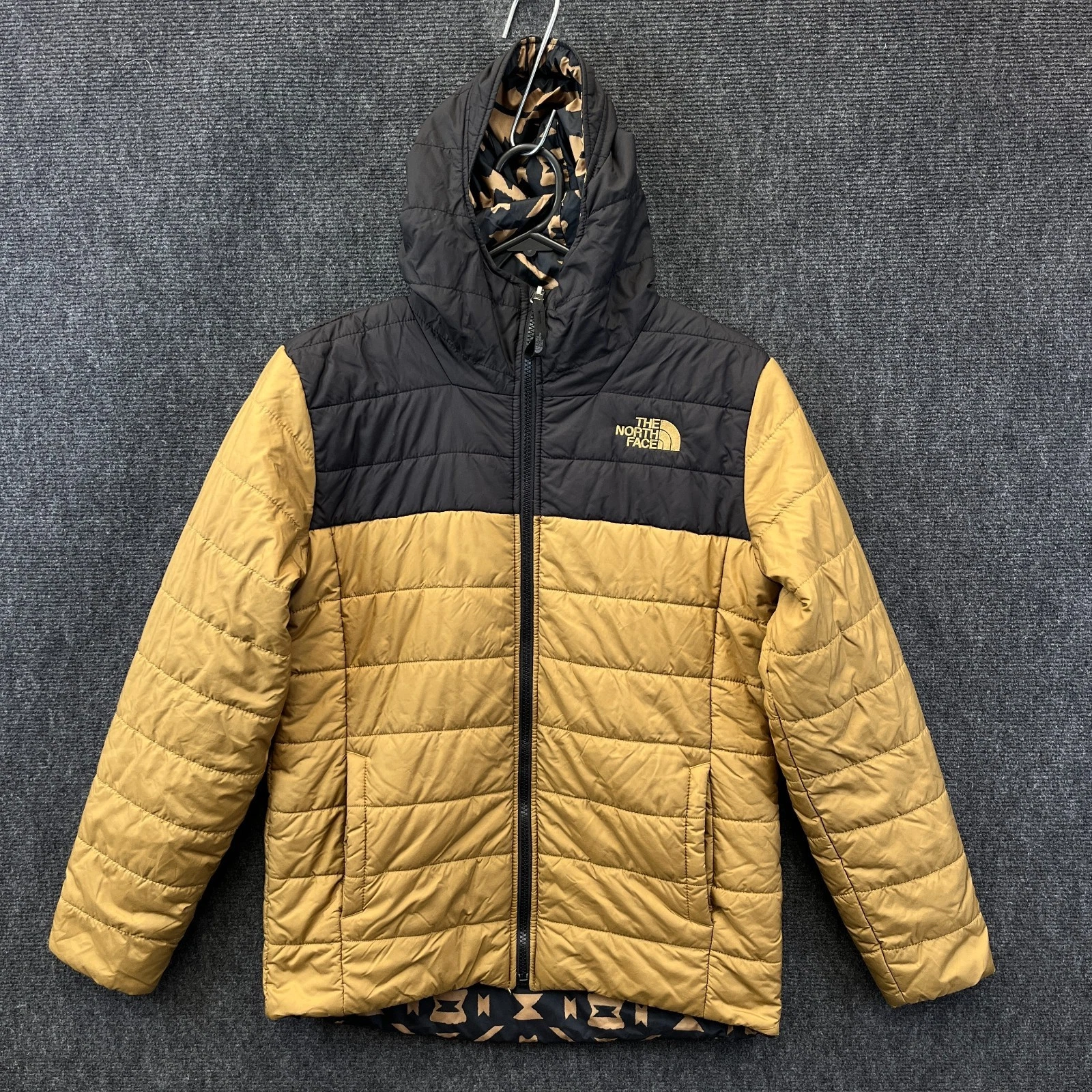 The North Face Perrito Boys Reversible Jacket Brown Black Aztec Hooded Size L