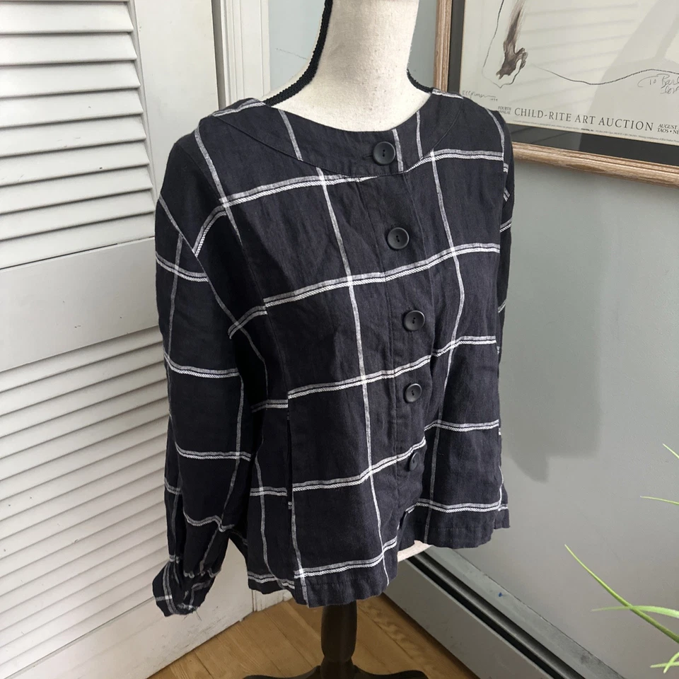FLAX Jacket Womens Medium Black Window Pane Plaid Linen Cropped Boxy Lagenlook - Image 4 of 4