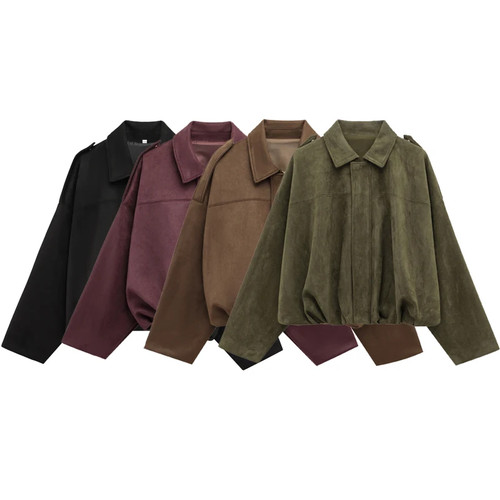 Women’s Bomber Jacket Suede Look Zipper Lapel Long Sleeve Cropped Coat UK - Picture 4 of 13