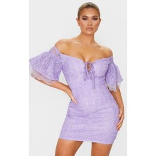 BNWT PRETTYLITTLETHING Lilac lace off shoulder dress AU8 with flared sleeves