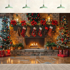 7X5Ft Christmas Fireplace Backdrop Christmas Tree Xmas Stocks Brick Wall Backgro