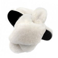 Fluffy White Faux Fur Criss Cross Slippers Cozy Soft Indoor House Slides NIB