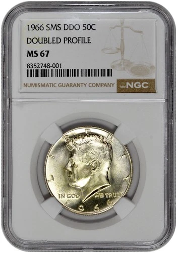 1966 SMS DDO 50c Kennedy Half Dollar Doubled Profile NGC MS 67 Light Gold Toning