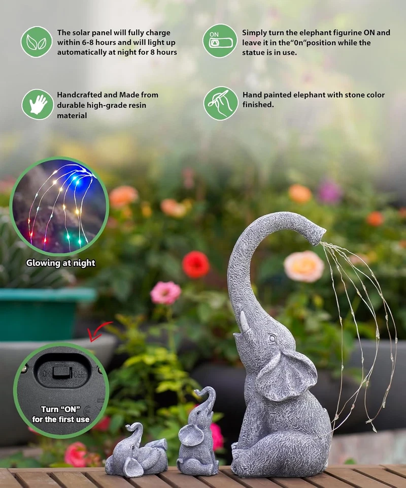 Estátuas de elefante solar para decoração de jardim: esculturas ao ar livre para ornamentos de gramado - - Imagem 4 de 4