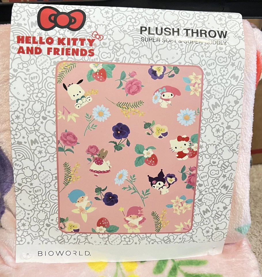 "Manta de felpa Hello Kitty & Friends estampado floral rosa 45""x60"" nueva" Foto 3 de 4