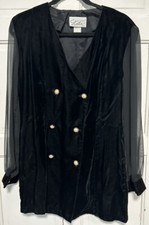 VTG Medium Black Velvet Sheer Sleeve Double Breasted Blouse Pearl Buttons Goth