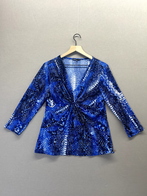 Chaus Womens Blue Snake Skin Shirt Long Sleeve V-Neck Size Large