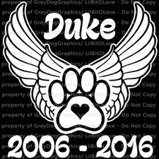 CUSTOMIZED PAW WITH WINGS IN MEMORY PET DECAL DOG CAT NAME DATES PERSONALIZED