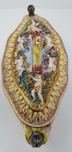 VINTAGE CAPODIMONTE PORCELAIN LIDDED DISH BOWL TUREEN CHERUBS RELIEF ITALY - Picture 5 of 12