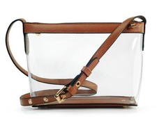 Clear Zipper Cross Body Bag with Vegan Leather Trim Brown
