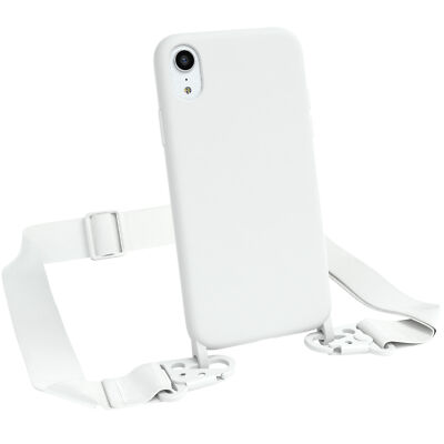 Für Apple iPhone XR Handyhülle zum Umhängen breites Band Kette Tasche Etui Weiß