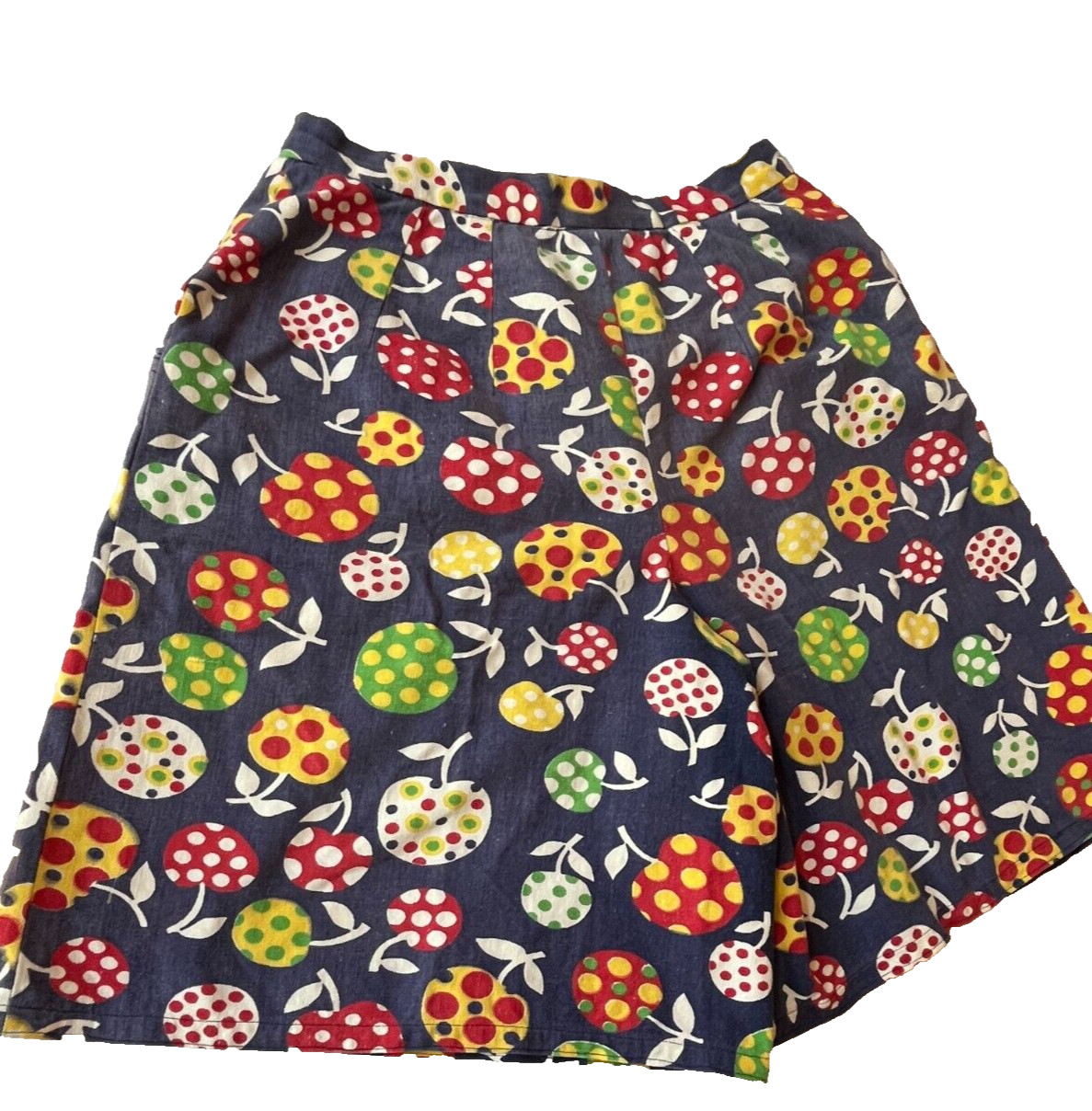 Vintage 1970s Womens Shorts Size Small Polka Dot Fruit High Waisted Groovy Blue