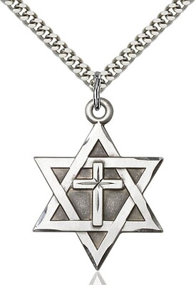 Large Sterling Silver Star of David With Cross Medal Pendant Necklace W/ Chain