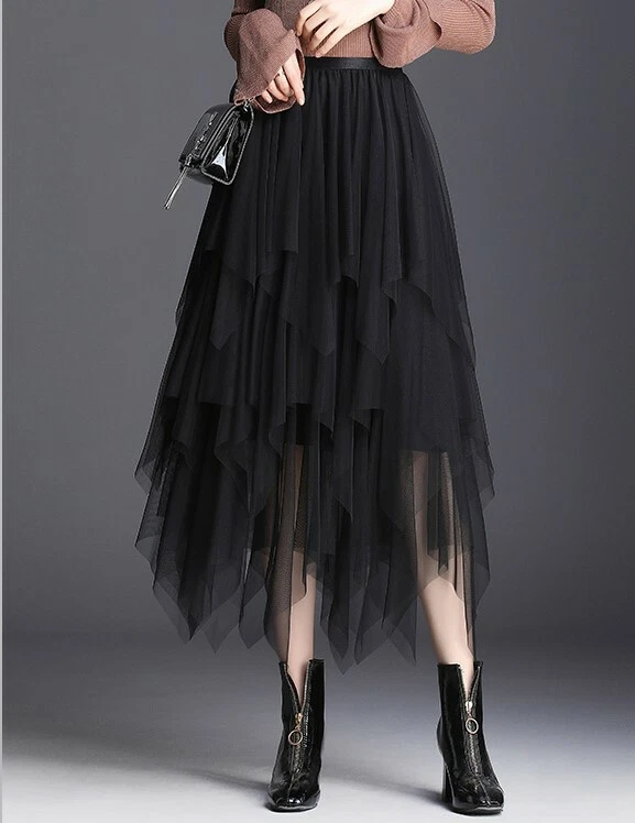Women Black Mesh Layered Long Mesh Skirt Sheer Net eBay