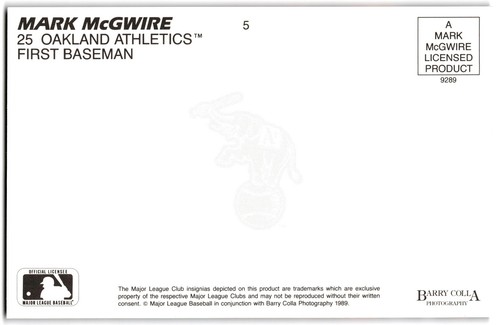 1989 Card Collectors Barry Colla Post Card Mark McGwire Oakland Athletics #5 - Picture 2 of 2