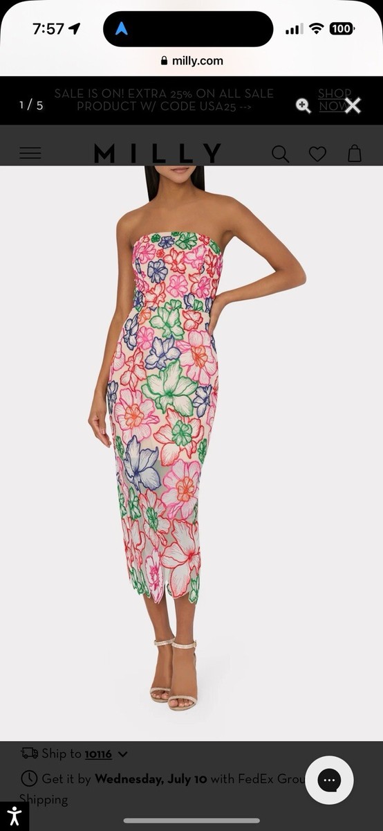Milly Cascading Floral Embroidered Midi Dress | eBay