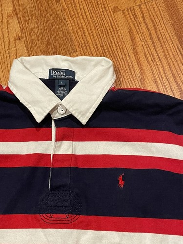 Boy Vintage Polo Ralph Lauren Red White Blue Rugby Long Sleeve Shirt Youth Large - Picture 4 of 5