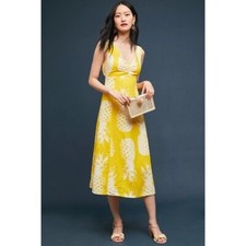 Anthropologie Maeve Pineapple Midi Vacation Dress Yellow White Linen Blend US 4
