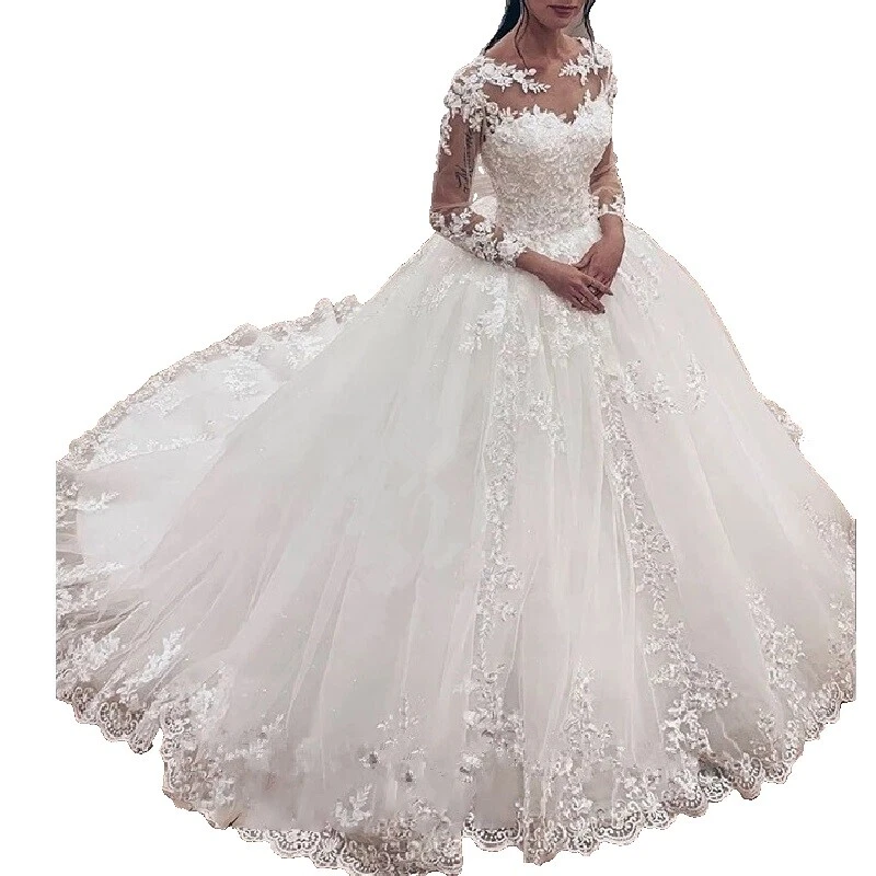 Embroidery Boat Neck Long Sleeve Wedding Dresses