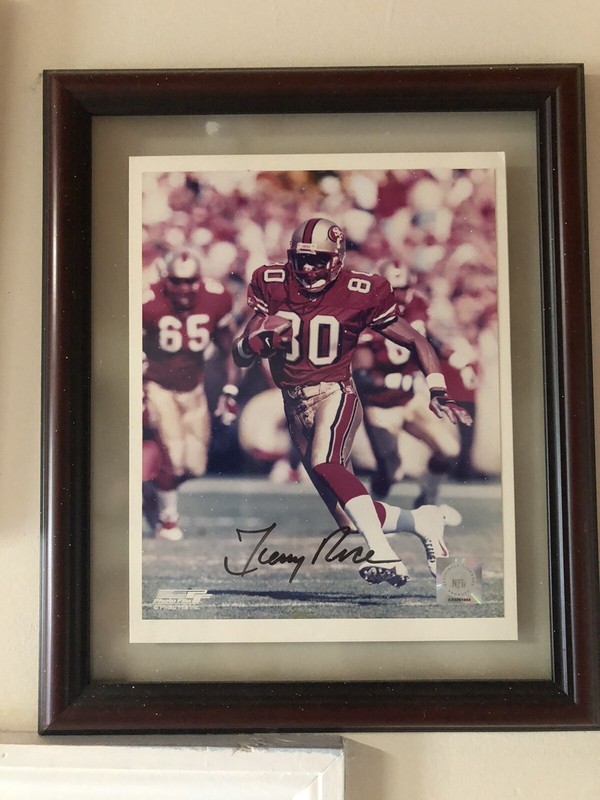 JERRY RICE 49ERS AUTOGRAPHED Signed FRAMED 8X10 PHOTO-MAN CAVE-12X15 WALL PLAQUE