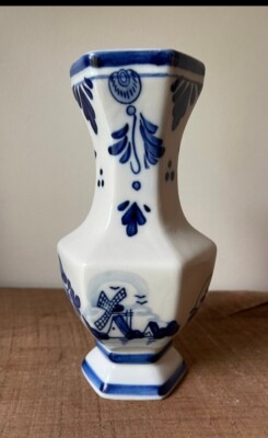 Vintage Delft Blue Colour Porcelain Hexagon Shaped Vase