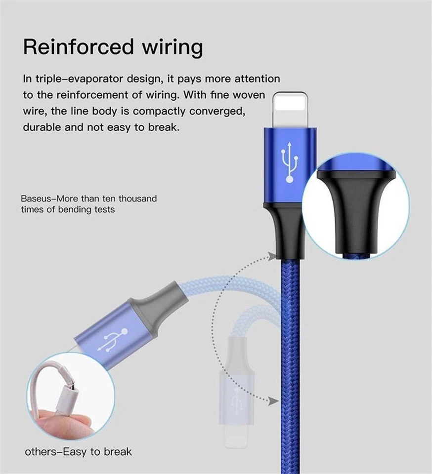 New 3 in 1 Nylon USB Charging Cord Cable iPhone/Micro USB/Type C Sync charge - Image 2 of 4