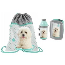 Cane Bianco Maltese Set Sacca Borsa Zaino Piatto Box Portamerenda Borraccia