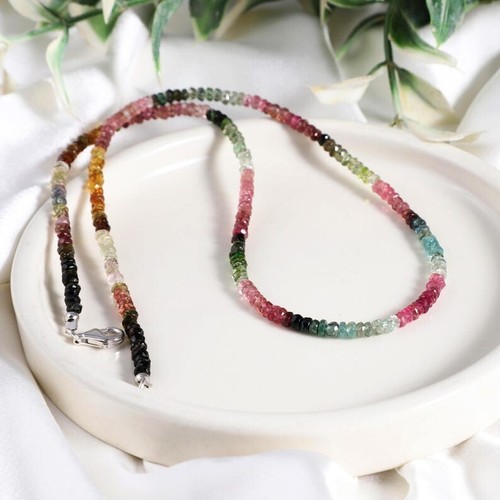 AAA++ Watermelon Tourmaline Faceted Rondelle 3-4MM 18" Gemstone Beaded Necklace - Picture 5 of 9