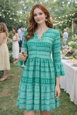 Green White Printed Dress Bell Sleeve S Bohemian Cottagecore Garden Tea Party