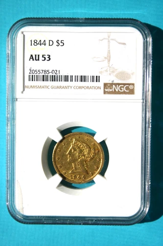 An 1844 D $5 Liberty Half Eagle Gold Coin. Dahlonega Mint. NGC Certified AU 53.
