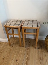 Pair Wooden Bar Stools Upholstered Brown Tweed Seats Vintage Kitchen Chairs