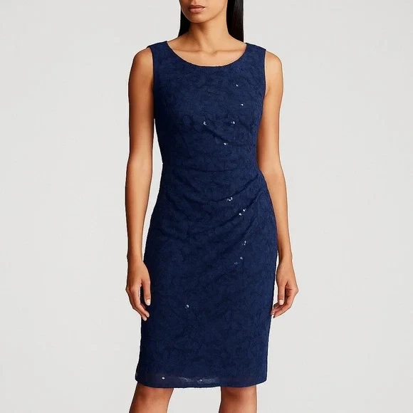 chinese dress ladies Lauren by Ralph Lauren Women's Galinda Lace-Bodice Sheath Dress (4, Navy)  at Amazon Women's Clothing store main image 1