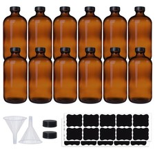 12 Pack 16 oz Amber Boston Round Glass Bottles with Black Caps for Secondary ...