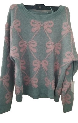 Threaded Leaf Bow Pattern Sweater Aqua Pink Preppy Pullover Cottagecore Womens L