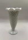 Vintage White Milk Glass Hobnail Vase Trumpet Style Scalloped Edge 6.5" Tall