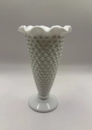 Vintage White Milk Glass Hobnail Vase Trumpet Style Scalloped Edge 6.5" Tall