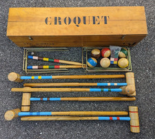 Vintage CROQUET Set Wooden Box 6 Player 39" Marked Serneels, Brussels