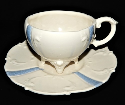 Victoria Cup and Saucer Loma Pottery Arizona White Blue Trim Floral Scroll USA - Picture 2 of 12