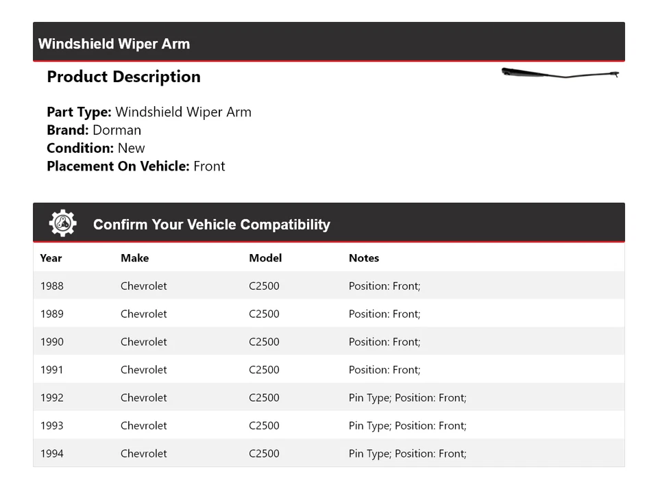 For 1988-1994 Chevrolet C2500 Dorman Windshield Wiper Arm Front 1989 1990 1991 - Image 2 of 3