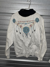 VTG 90s Native American Feather Print Sweatshirt Adult L Gray WTF55 z