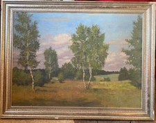 Oil Painting Um 1920 Summer Landscape With Birch & Waldpanorama IN Rustic Style