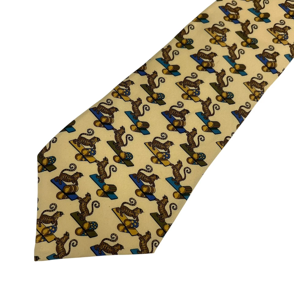 Salvatore Ferragamo Hombre Corbata Leopardo Guepardo Circo Amarillo Seda 3 7/8" x 55.5" Foto 2 de 4