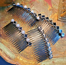 Hair Combs Set of 4 Bejeweled Black Plastic Pearls Gold Clover Bows 4 inch long