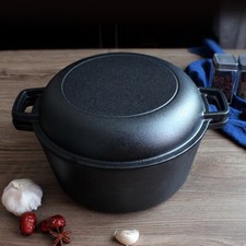 4.5L Double Dutch Oven 2 in 1 Seasoned Cast Iron Combo Stew Fry Lid Pan Stockpot