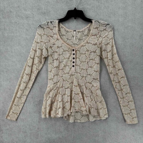 Free People Y2K blusa donna PICCOLA pizzo peplo top camicia babydoll Henley - Foto 2 di 13