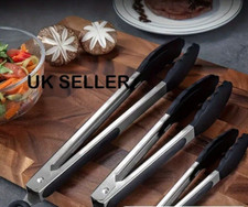 Silicone Kitchen Cooking Tongs BBQ Salad Serving Stainless Steel Handle Utensil