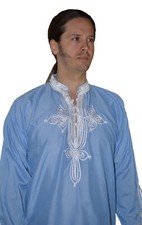 Moroccan Men Tunic Shirt Casual Handmade Embroidered Cotton X- Large Light Blue
